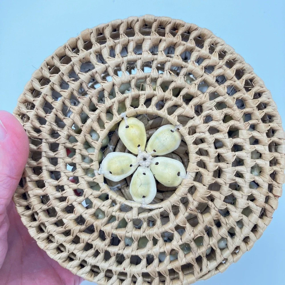 Woven Straw Coaster Set 6pc Natural Cowrie Shell Trim Boho Coastal